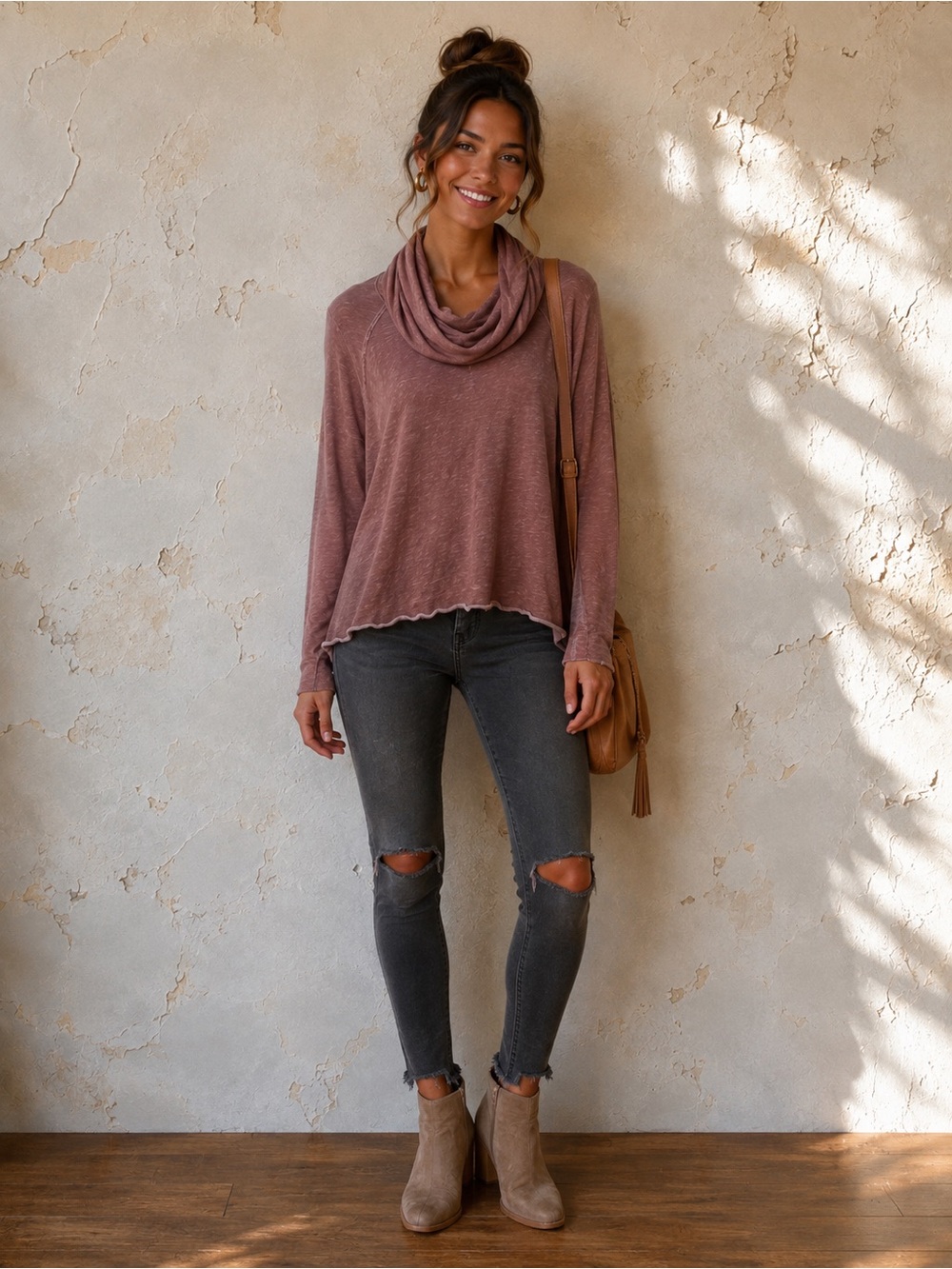 Free People Beach Muted Rust Mauve Cowl Neck Boho Top M